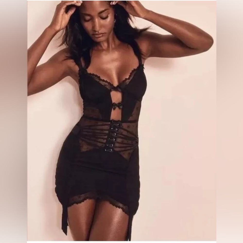 For Love and Lemons / black Dahlia Pleated corset garter Slip Dress linger